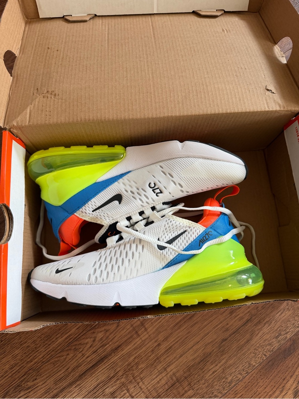 Nike Air Max 270 White with Neon Green, Blue and Orange Accents
